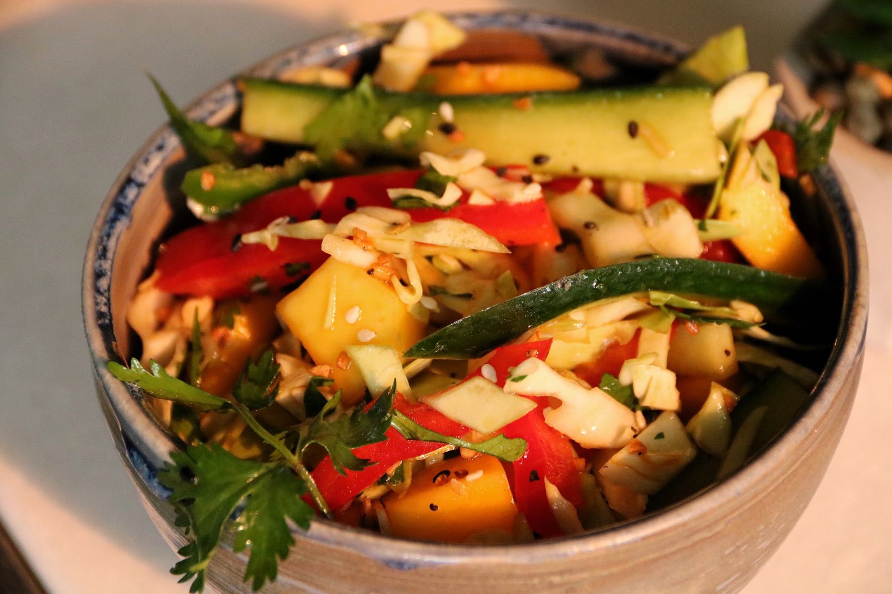 Hot Dogs with Cucumber-Mango Slaw and Homemade Srirachup